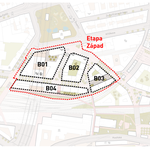 Florenc21: Etapa Západ, vymezení jednotlivých bloků řešených ve čtyřech architektonických soutěžích, zdroj: ONplan, 2024